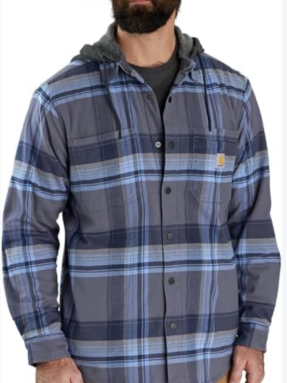 Carhartt Men's Gray and Blue Plaid Hooded Shirt Jacket